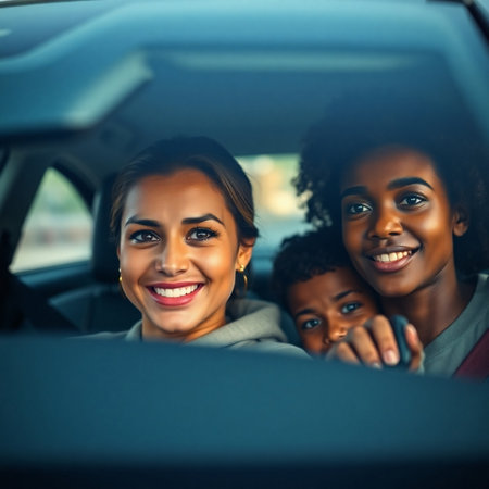 happy african american family driving in car and looking at cameraの素材