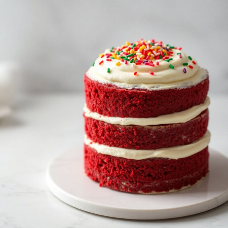 Red velvet cake with white frosting and colorful sprinkles on a white backgroundの素材