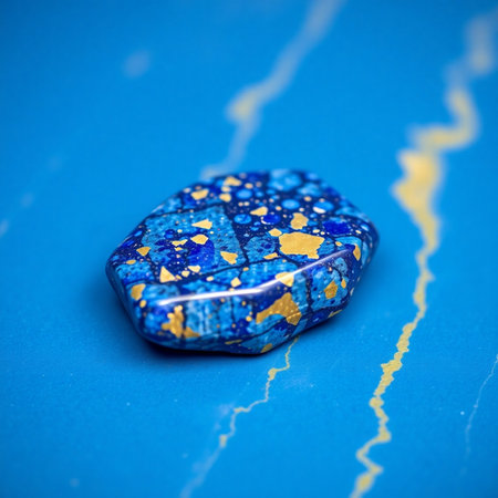 Macro shot of a blue gemstone on a blue background.の素材