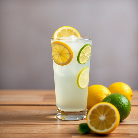 Lemonade with lime and ice in a glass on a wooden tableの素材