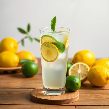 Glass of fresh lemonade with mint and lemons on wooden tableの素材