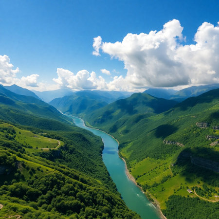 Aerial view of beautiful mountain landscape with river and forest in summerの素材
