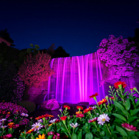 Beautiful waterfall in the garden by night, closeup of photoの素材