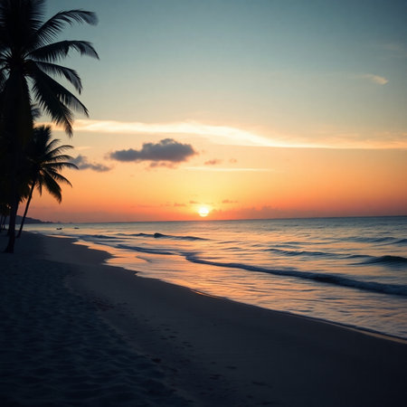 Beautiful sunset on the beach with palm trees. Tropical background.の素材
