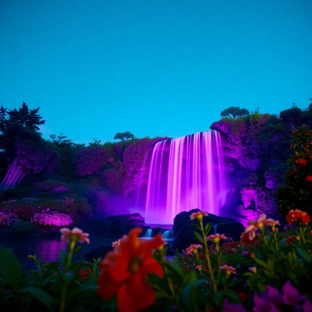 Waterfall in the park at night with blue sky and flowers.の素材