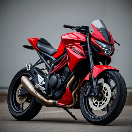 Rear view of a red sport bike parked on the street.の素材