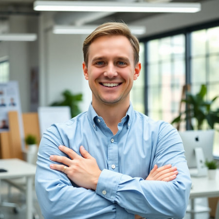 Portrait of smiling young businessman standing with arms crossed in modern officeの素材