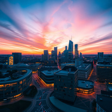 Aerial view of Frankfurt am Main skyline at sunset, Germany.の素材