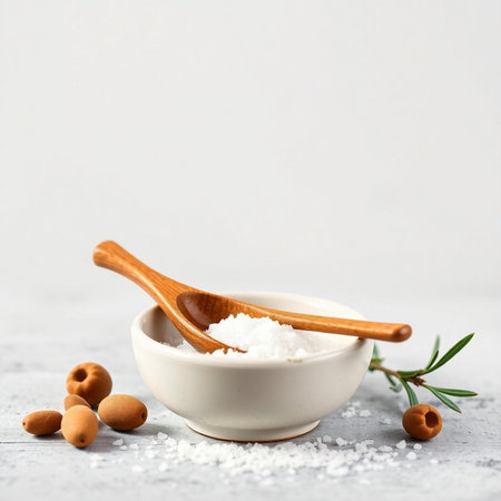 Salt in a wooden spoon with rosemary and almonds on a light backgroundの素材
