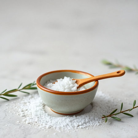 Sea salt in a bowl and sprig of rosemary on a light backgroundの素材