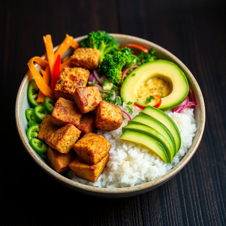 Tofu poke bowl with rice and vegetables on dark wooden backgroundの素材