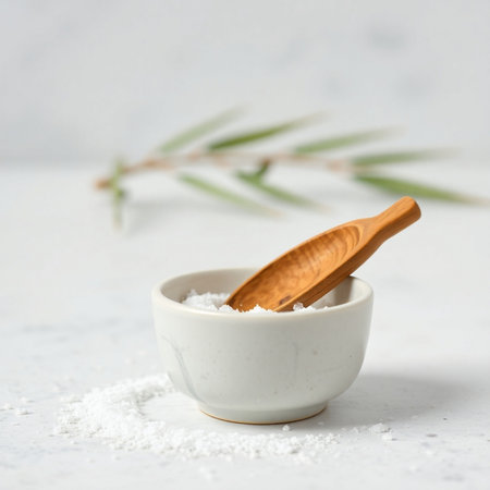 Spa salt in a bowl with a wooden spoon on a white backgroundの素材