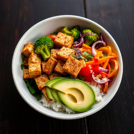 Tofu poke bowl with rice, avocado, tomato, cucumber and red onionの素材