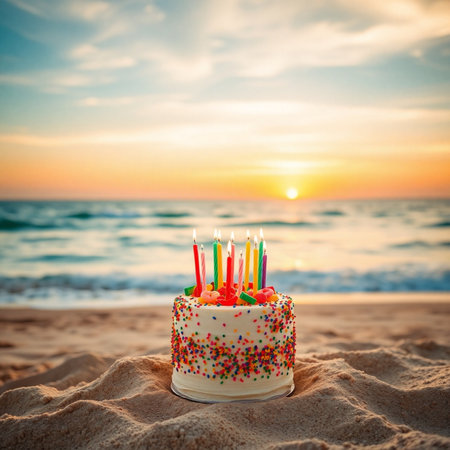 Birthday cake with burning candles on the beach at sunset or sunriseの素材