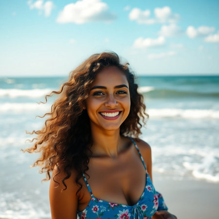 Portrait of a beautiful young woman with curly hair at the beachの素材