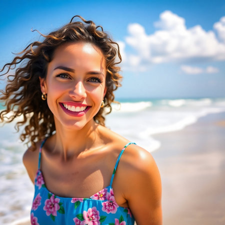Beautiful young woman on the beach. Portrait of beautiful girl on the beachの素材