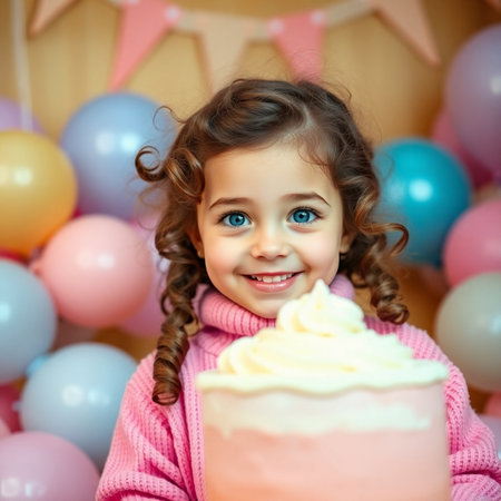 Little girl with a birthday cake on the background of colorful balloons.の素材