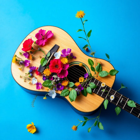 Guitar with flowers on blue background. Flat lay, top viewの素材