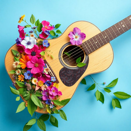 Guitar and bouquet of colorful flowers on a blue backgroundの素材