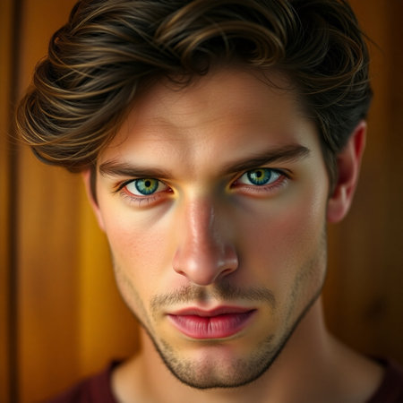 Close-up portrait of a handsome young man with green eyes.の素材