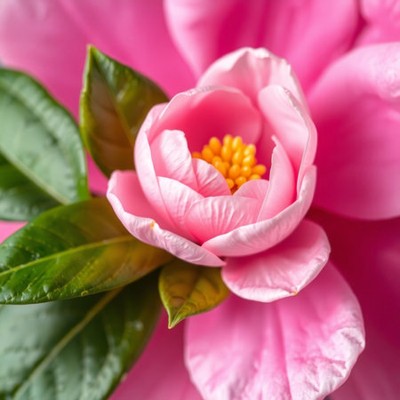 Beautiful pink camellia flower on a pink background close upの素材