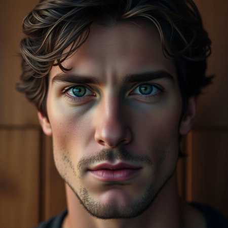 Portrait of a young man with green eyes and black hair.の素材