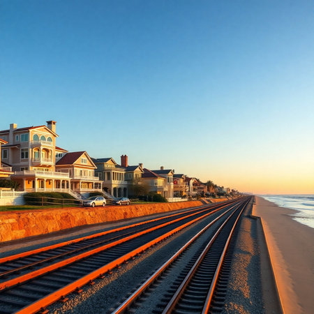 Railway tracks on the beach at sunset in St. Augustine, Florida.の素材