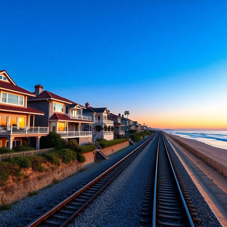 Railway leading to the ocean at sunset in Newport Beach, California.の素材