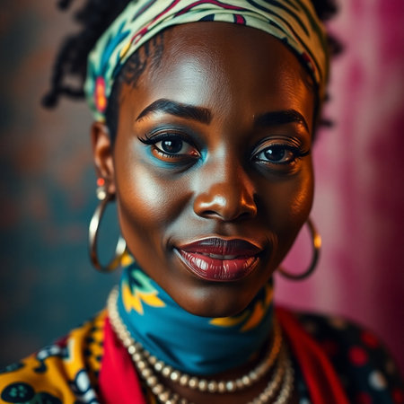 Portrait of a beautiful young African woman with bright make-up.の素材