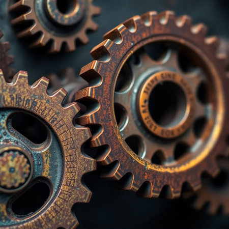 Close-up of metal gears on dark background. Selective focus.の素材