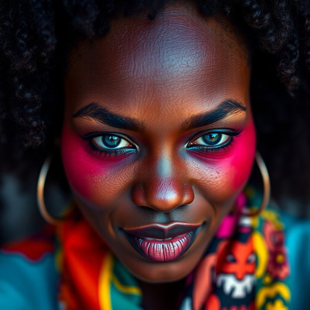 Close up portrait of a beautiful African American woman with bright makeup.の素材