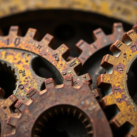Close up of rusty gears and cogwheels. Abstract background.の素材
