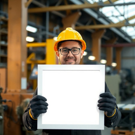 Portrait of a smiling male engineer holding a white board in a factoryの素材
