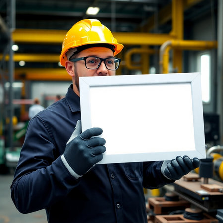 Portrait of a young male engineer in a helmet and glasses holding a whiteboard in a factoryの素材