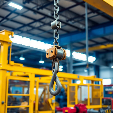 Industrial construction crane hook in factory. Industrial background. industrial backgroundの素材