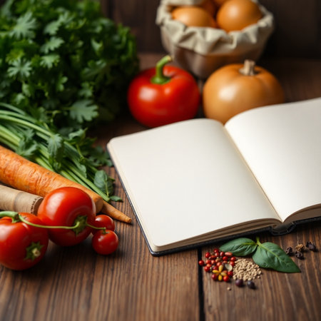 Open recipe book with fresh vegetables and spices on wooden table, closeupの素材