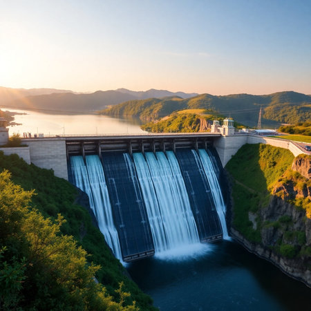 Aerial view of the Horseshoe Dam at sunset, Ontario, Canadaの素材