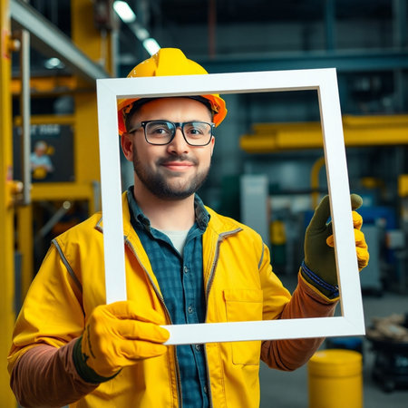 portrait of young male worker in yellow helmet and glasses holding frameの素材