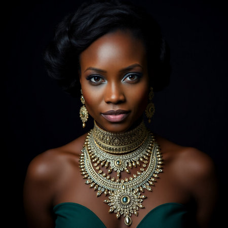 Beautiful african american woman with jewelry on black background.の素材