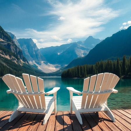 Wooden deck chairs on the turquoise lake in mountains.の素材