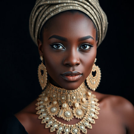 Portrait of a beautiful African woman with jewelry on black backgroundの素材