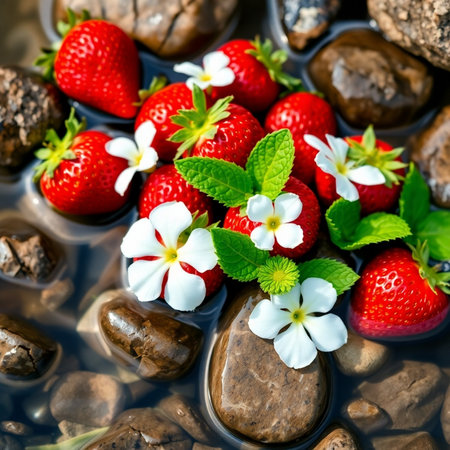 Strawberries in water with flowers and stones. Top view.の素材