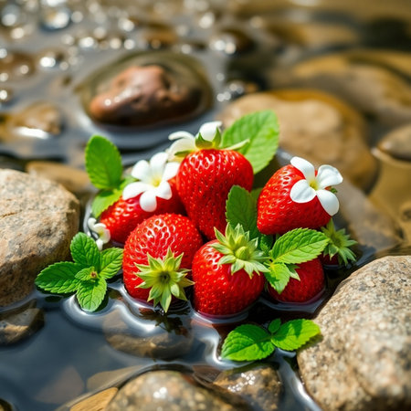 Strawberries in water with green leaves and flowers on the stonesの素材