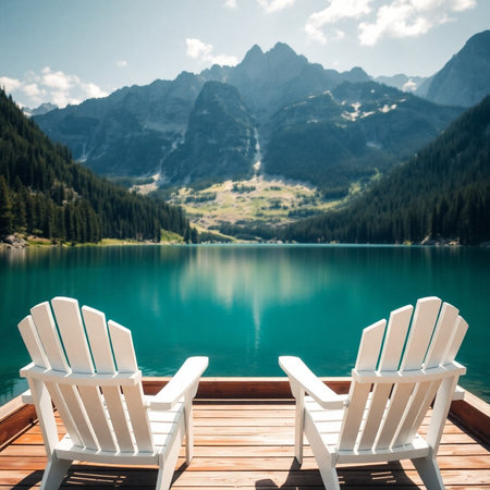 Two white chairs on a wooden platform on Lake Braies, Italyの素材