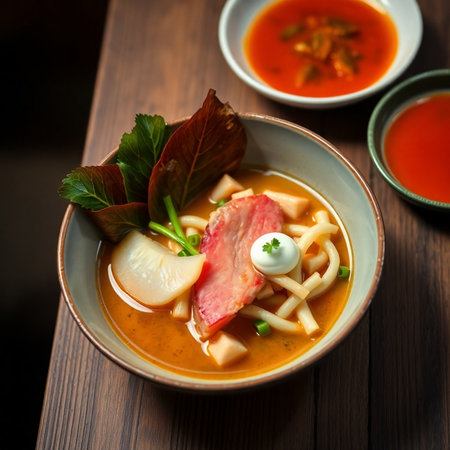 Japanese ramen noodle soup with sliced pork and vegetables on wooden tableの素材