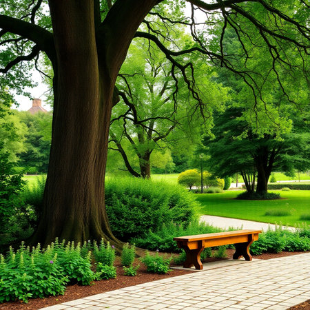 Park bench and trees in the park. Beauty in nature concept.の素材