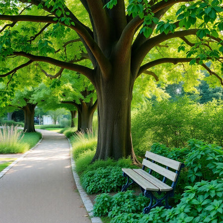 Bench in a park with green trees and grass. Beautiful summer landscape.の素材