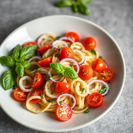 Spaghetti pasta with cherry tomatoes, basil and onion on gray backgroundの素材