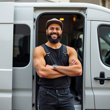 Portrait of a smiling delivery man standing with arms crossed in front of vanの素材