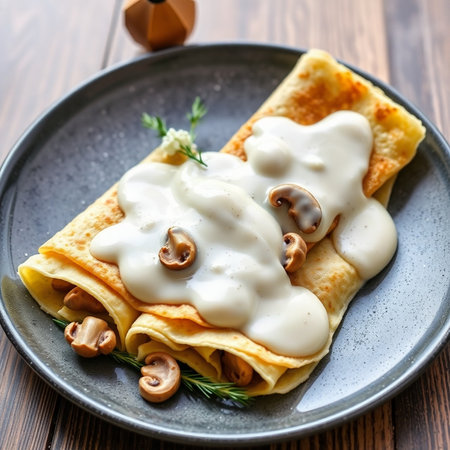 Crepes with mushrooms and sour cream on a wooden background.の素材